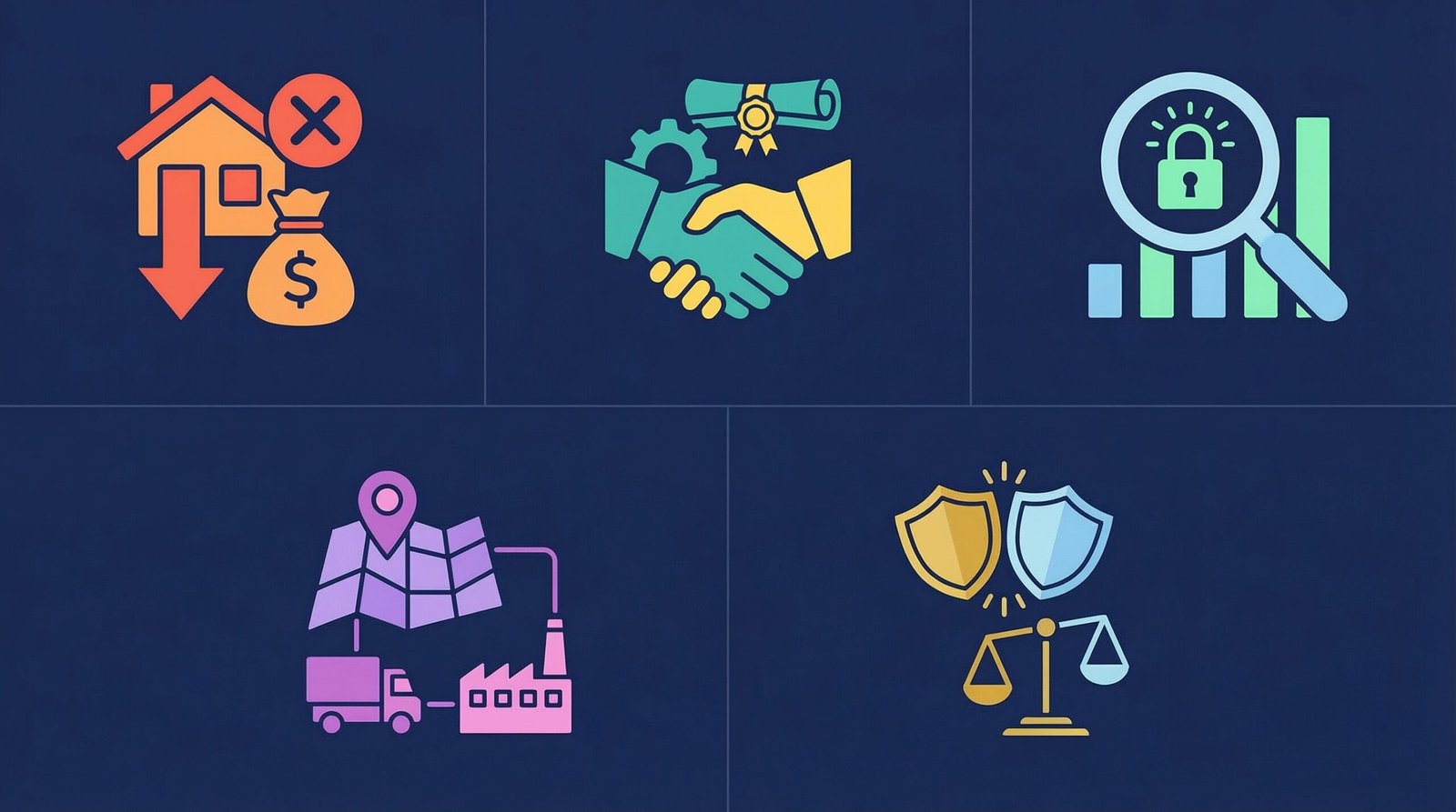 Guardrails icon grid: anti-speculation, local jobs, transparency