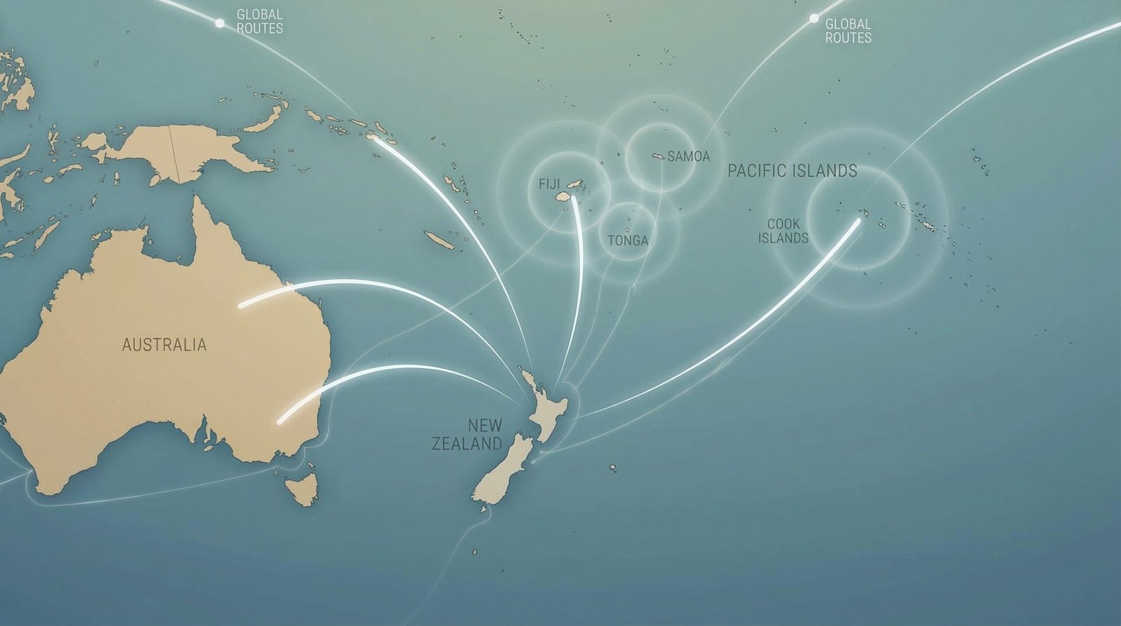 South Pacific connectivity map centred on New Zealand