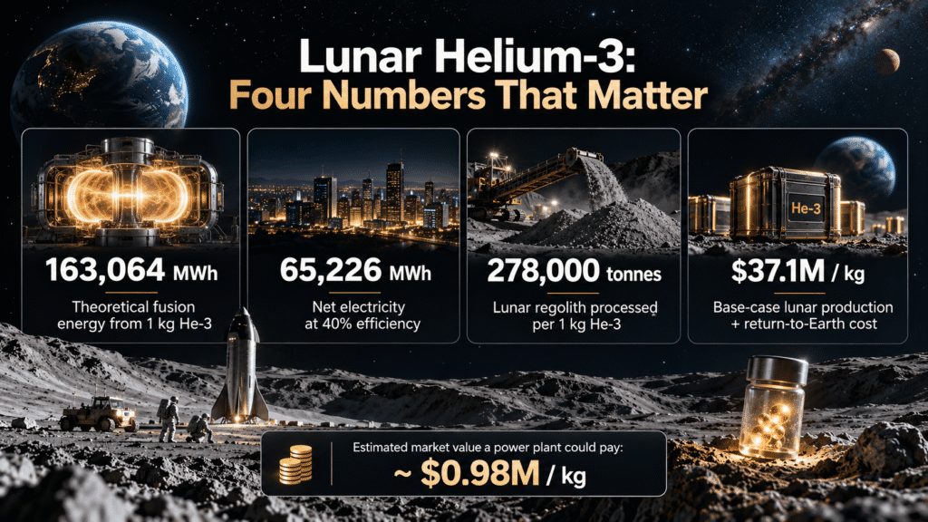 how-to-produce-one-kg-lunar-helium-3.jpg Infographic showing helium-3 fusion energy, net electricity, lunar regolith processing and estimated lunar production cost