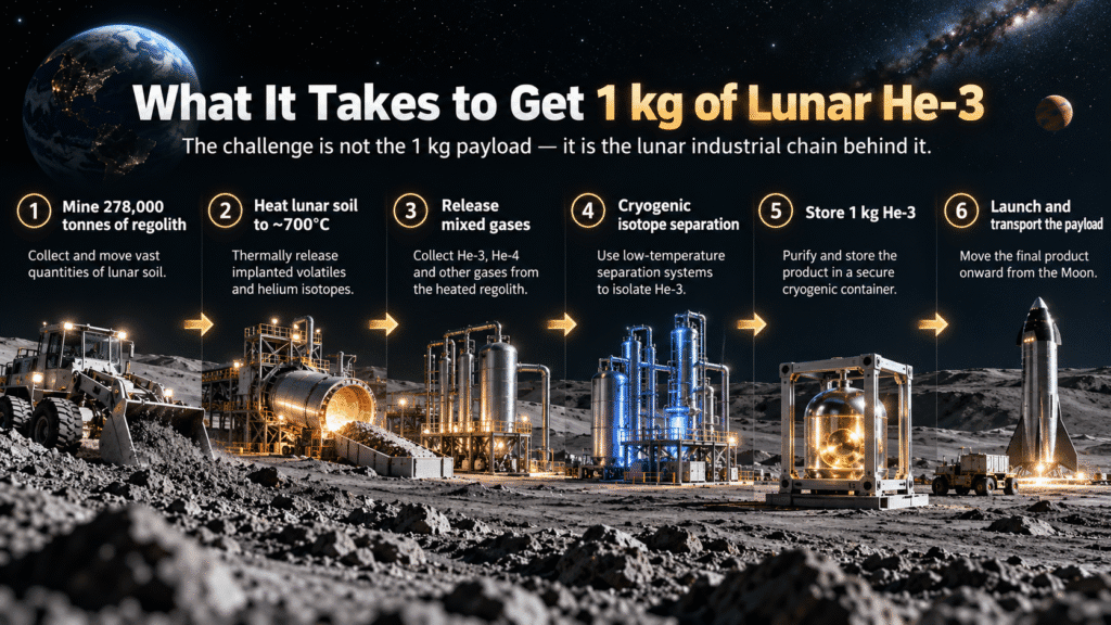 lunar-helium-3-cost-vs-earth-energy-value.jpg Bar chart comparing Earth power-station helium-3 value with optimistic, base-case and conservative lunar production costs