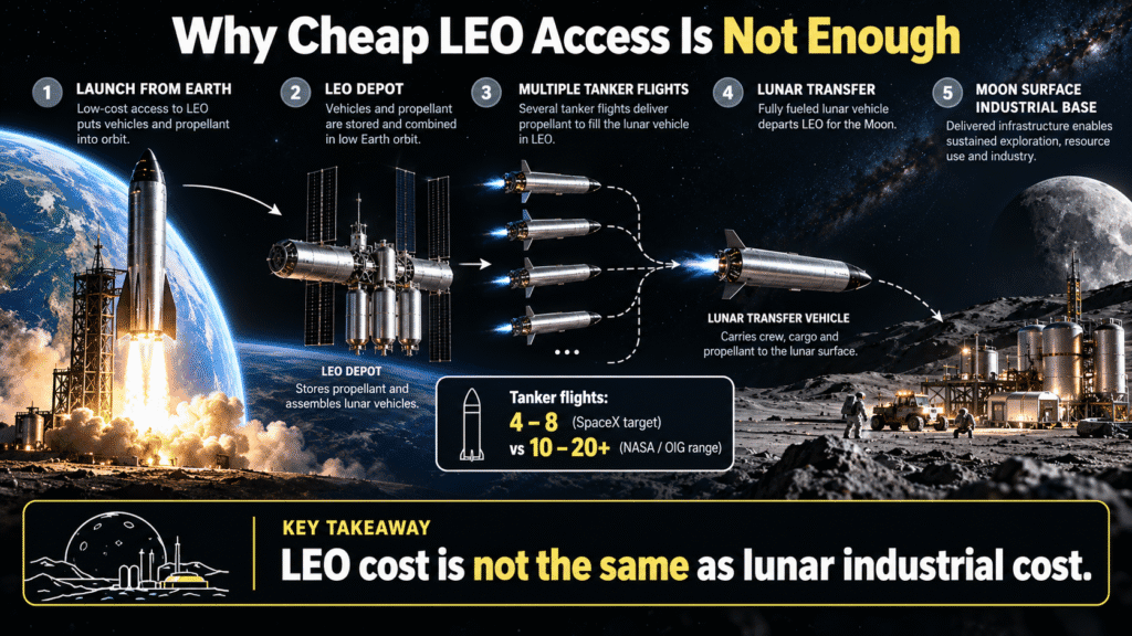 starship-leo-refuelling-lunar-logistics.jpg Starship lunar logistics infographic showing Earth launch, LEO depot, tanker flights, lunar transfer and Moon industrial base