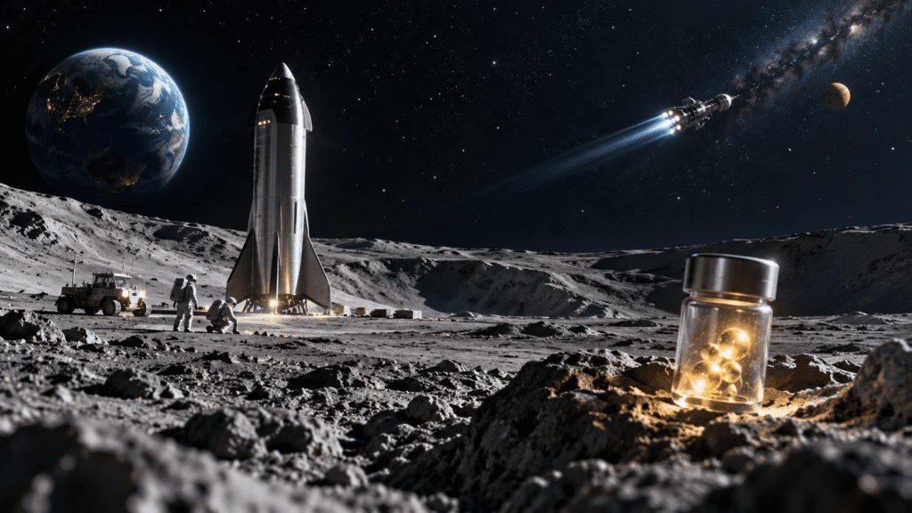 Lunar Helium-3 and the Road to Deep Space Lunar helium-3 resource on the Moon with a Starship-like spacecraft and a deep-space vehicle travelling beyond Earth