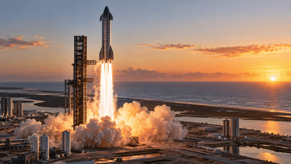 AI concept illustration: A reusable launch vehicle carrying infrastructure toward orbit.
