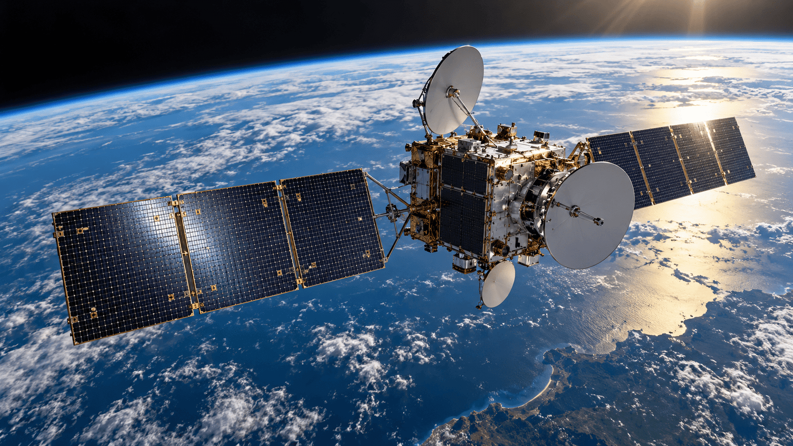 AI concept illustration: Communications satellites providing services above Earth.