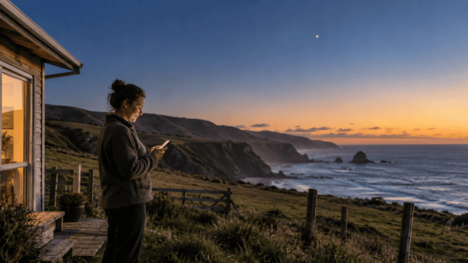 AI concept illustration: A person using a mobile phone outside a remote New Zealand coastal home.