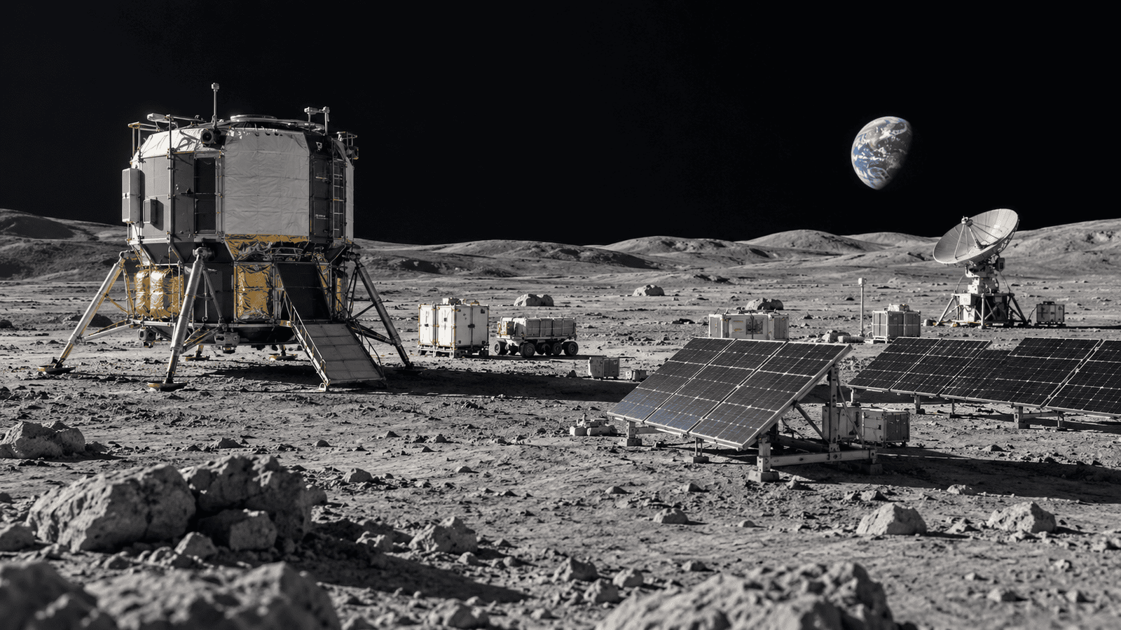 AI concept illustration: A future lunar logistics site with cargo, solar power and communications infrastructure.