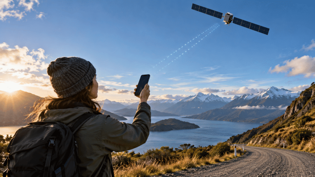 Smartphone in remote New Zealand connecting directly to a satellite mobile network