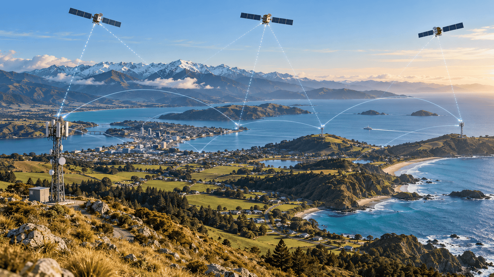 Hybrid New Zealand mobile network combining terrestrial cell towers and satellites