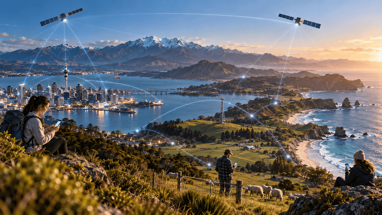 New Zealand-wide concept showing seamless terrestrial and satellite mobile connectivity