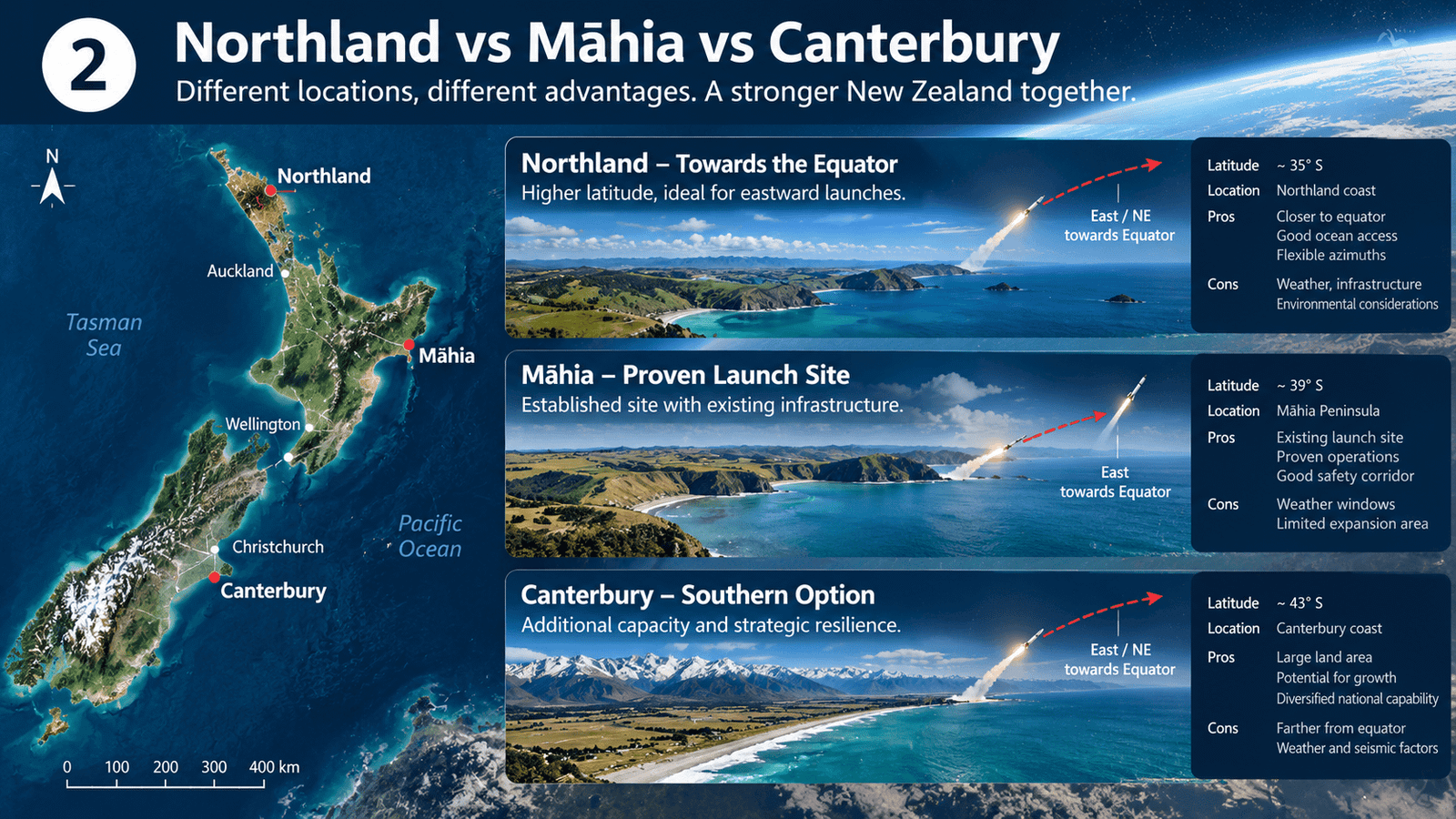 Geographic comparison of Northland Mahia and Canterbury for commercial rocket launches