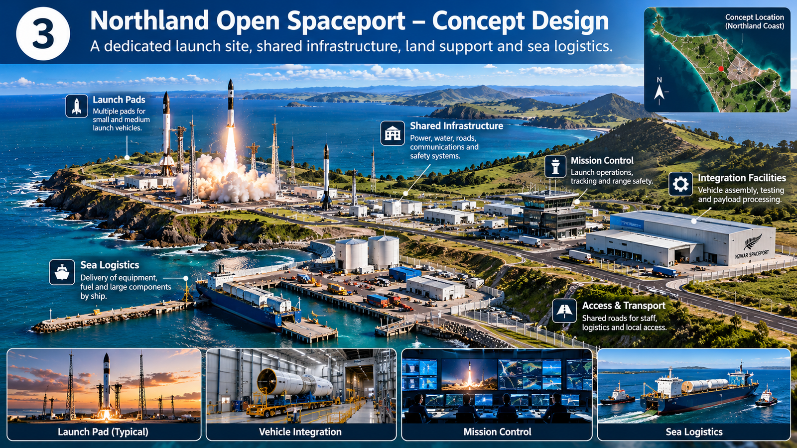Concept design of an open commercial spaceport in Northland New Zealand